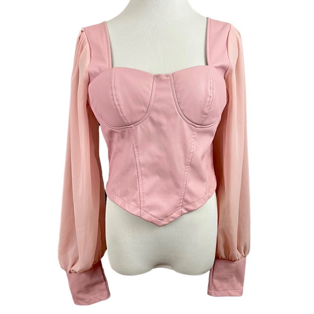 ASOS Parisian Bubblegum Pink Vegan Leather Bustier Sheer Sleeve Top 10